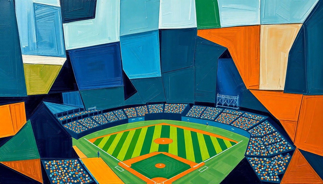A fragmented, geometric painting in navy, green, and orange hues, depicting the action and movement of a baseball game through an abstract, multi-angled perspective.