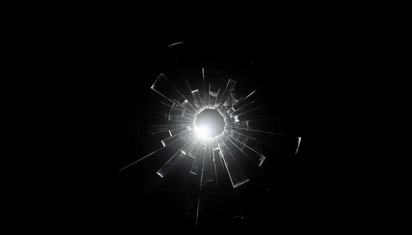 An extreme close-up photograph of a shattered car window with a single bullet hole, the harsh lighting and dark background creating a gritty, investigative aesthetic that conceptually illustrates the violence of the incident.