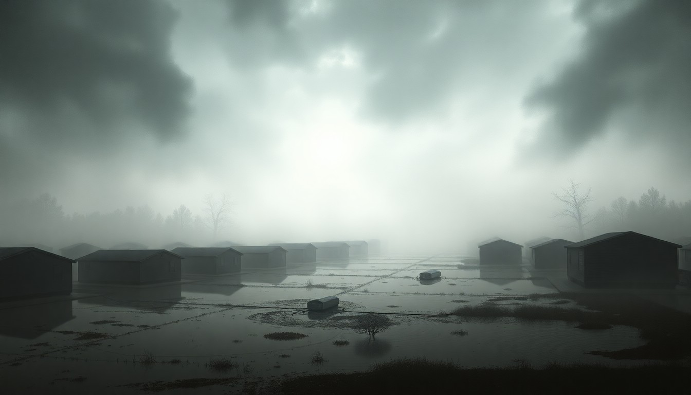 A sweeping, atmospheric landscape painting depicting a flooded mobile home park shrouded in heavy fog, with the silhouettes of damaged homes barely visible in the distance, conveying the overwhelming power of the natural environment.