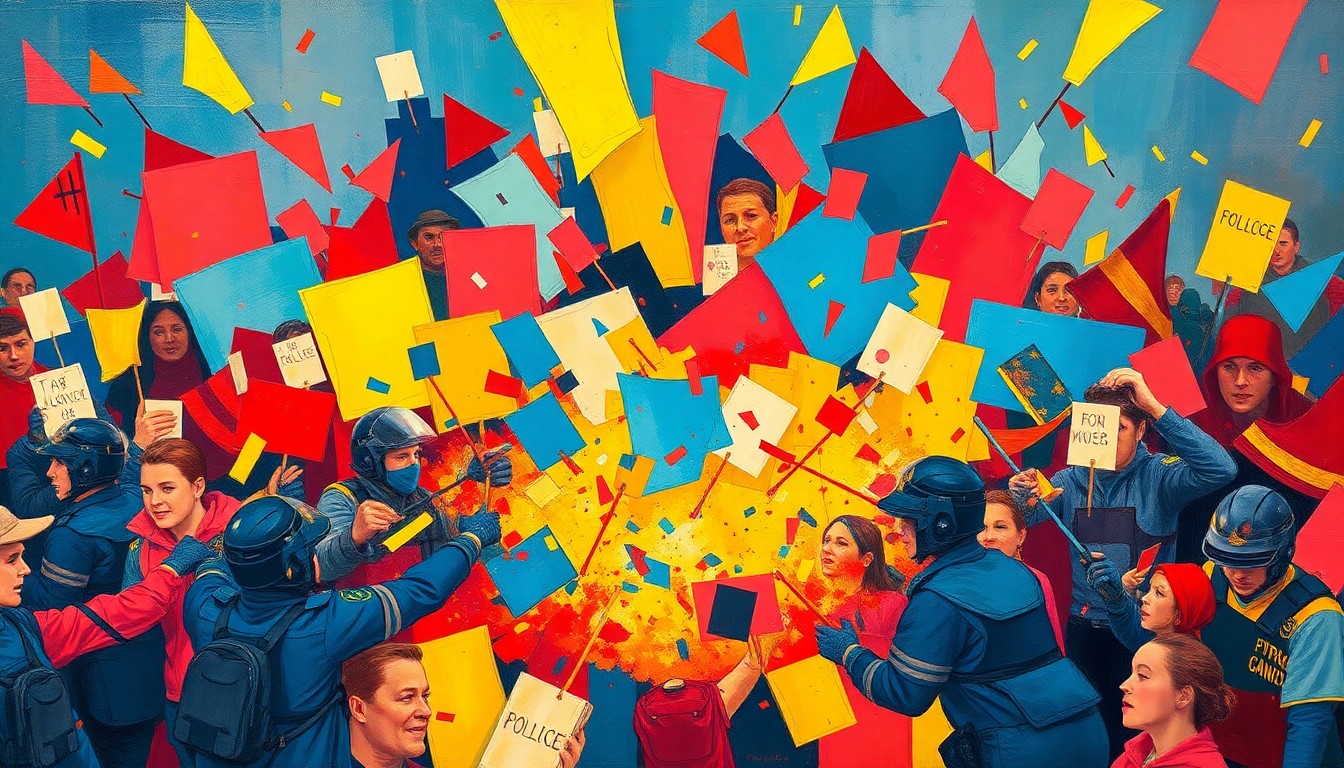 An abstract, expressionist painting featuring overlapping, fragmented geometric shapes in vibrant shades of red, blue, and yellow, conceptually representing the chaotic confrontation between police and protesters in Portland.