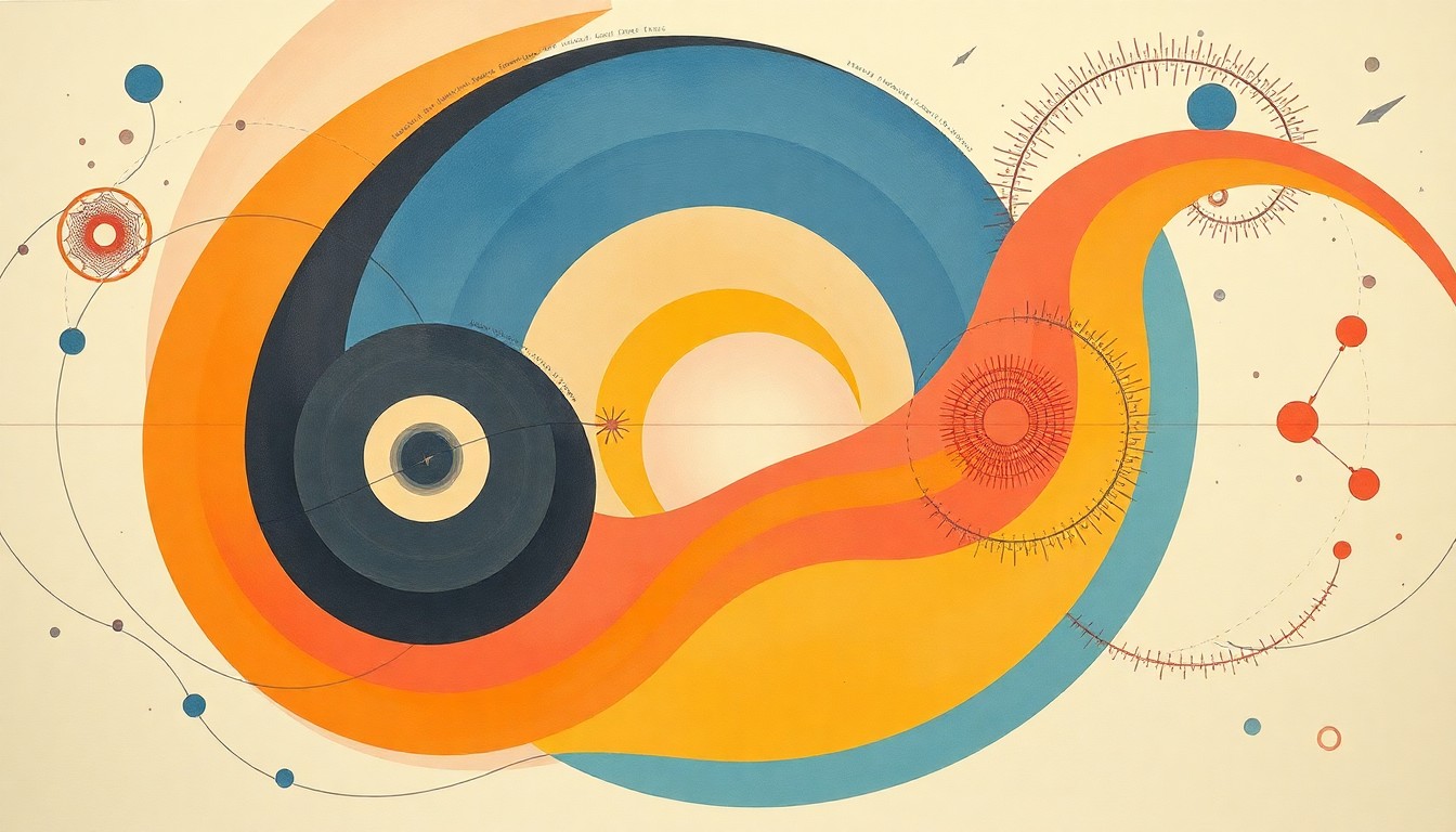 A highly abstract, geometric painting in soft blues, greens, and grays, featuring sweeping arcs, concentric circles, and precise biological spirals, conceptually representing the complex molecular forces and structures underlying cancer biology.