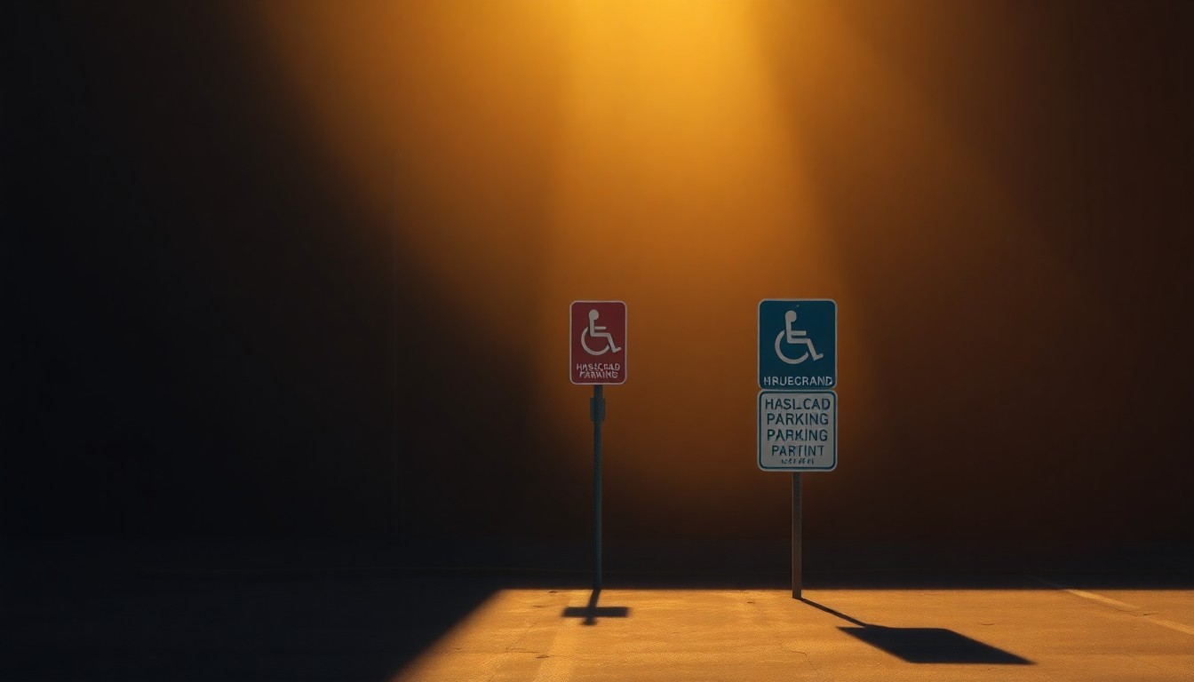 A close-up painting of a handicap parking sign in warm, muted tones, conveying a sense of political tension and ethical ambiguity.