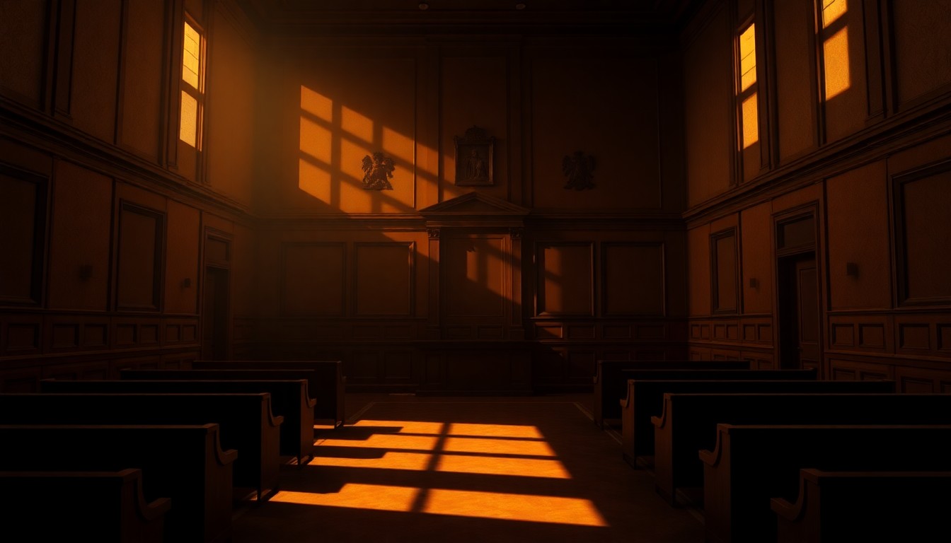 A quiet, cinematic painting of an empty courtroom with warm, diagonal sunlight and deep shadows, conveying a sense of melancholy and the erosion of justice.