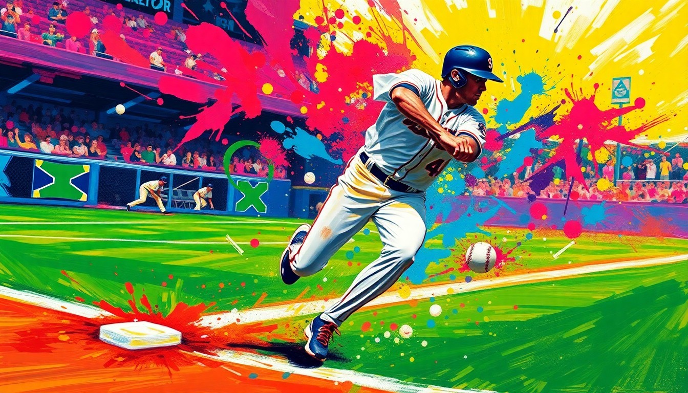 An abstract expressionist painting in vibrant neon colors, capturing the dynamic motion and energy of a baseball player rounding the bases for an inside-the-park home run, with the field, ball, and player's form dissolving into bold, gestural brushstrokes.