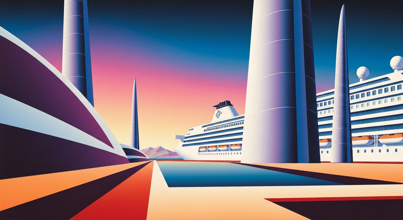 A highly stylized, geometric illustration depicting the grand scale and streamlined forms of a modern cruise ship or port terminal, conveying the sense of international travel and Taiwan's role as a gateway to Asia.