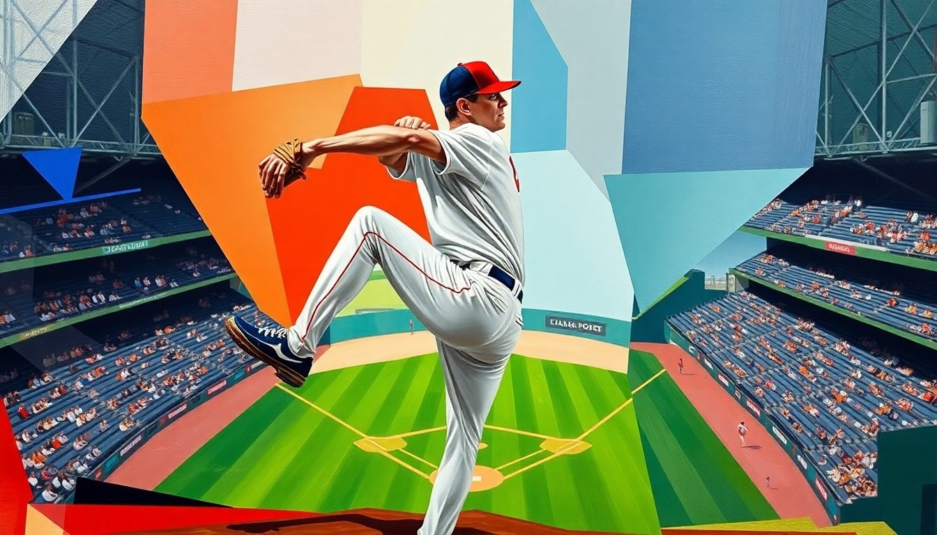 A fractured, geometric painting depicting the abstract motion and energy of a baseball pitcher, with the player's body broken down into sharp, overlapping shapes and planes.