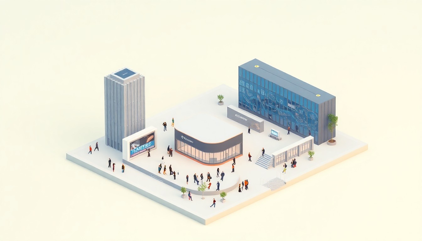 A miniature, stylized 3D illustration depicting a modern business district with skyscrapers, a convention center, and people walking around, representing the global economic summit taking place in Arlington.