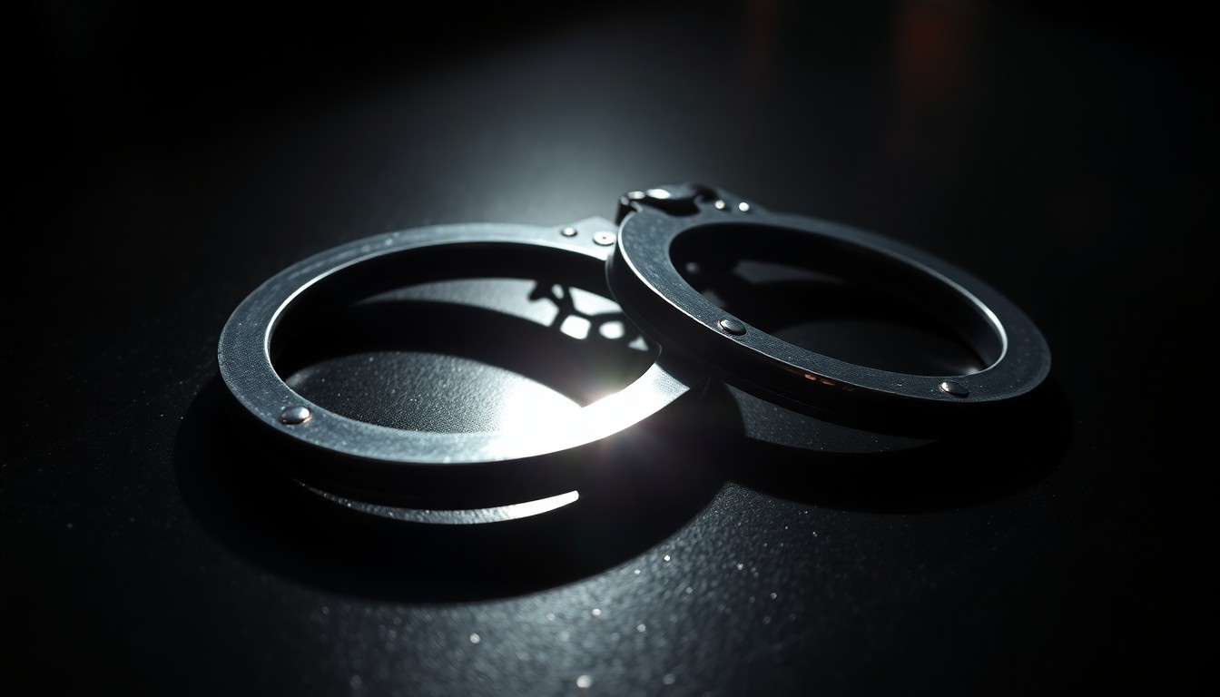 An extreme close-up photograph of a pair of handcuffs lying on a dark surface, reflecting a harsh flash of light, conceptually illustrating the escape of a convicted criminal from a work release program.