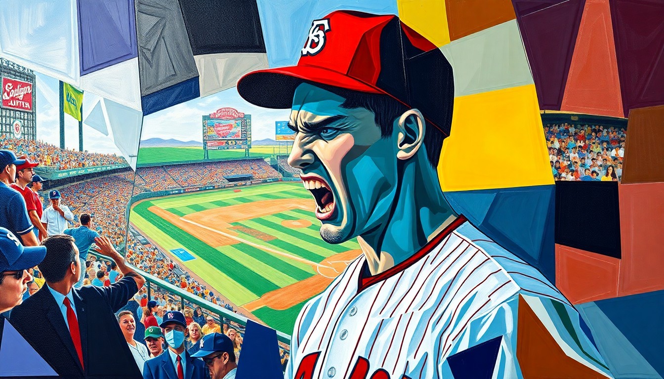 A fractured, multi-perspective painting in the style of Pablo Picasso, breaking down a baseball player's angry reaction to a fan's hurtful comment into sharp, overlapping geometric planes of vibrant uniform colors and stadium backdrop. The image conceptually represents the emotional turmoil and complexity of the situation.
