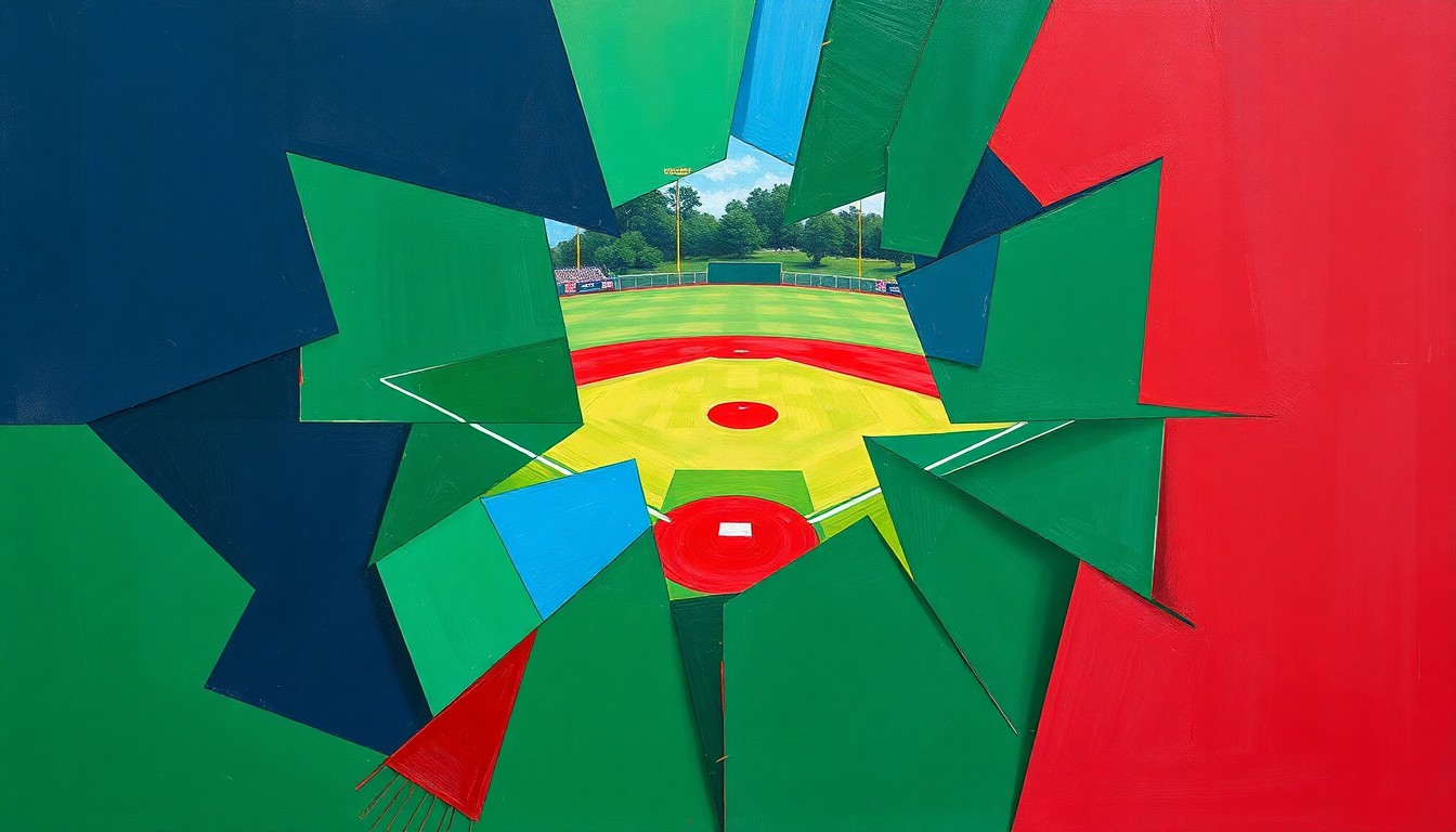 A fragmented, cubist-style painting depicting the chaotic motion and energy of a high school baseball or softball game, with sharp geometric shapes and bold colors representing the players, field, and crowd.