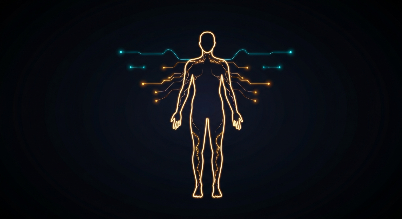 A minimalist design in the style of Keith Haring, with a glowing neon outline of a human figure set against a dark background, symbolizing the flow of health information through AI-powered tools.