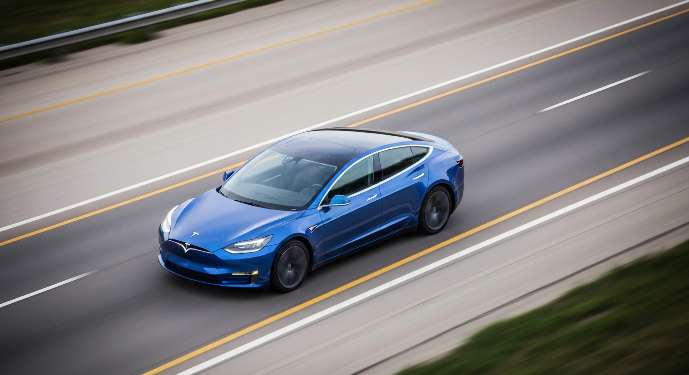 An abstract, colorful image created with sweeping brushstrokes and motion blur, depicting the blurred movement of a Tesla electric vehicle on the road, conveying a sense of speed, technology, and the evolving automotive industry.
