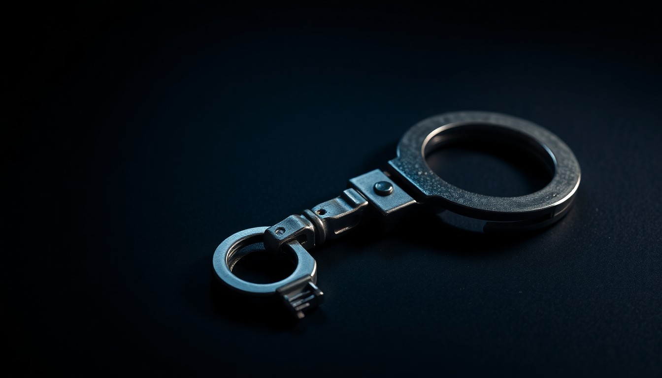 An extreme close-up photograph of a handcuff key lying on a dark surface, lit by a harsh, direct camera flash, conceptually illustrating the evidence in a sexual abuse case.