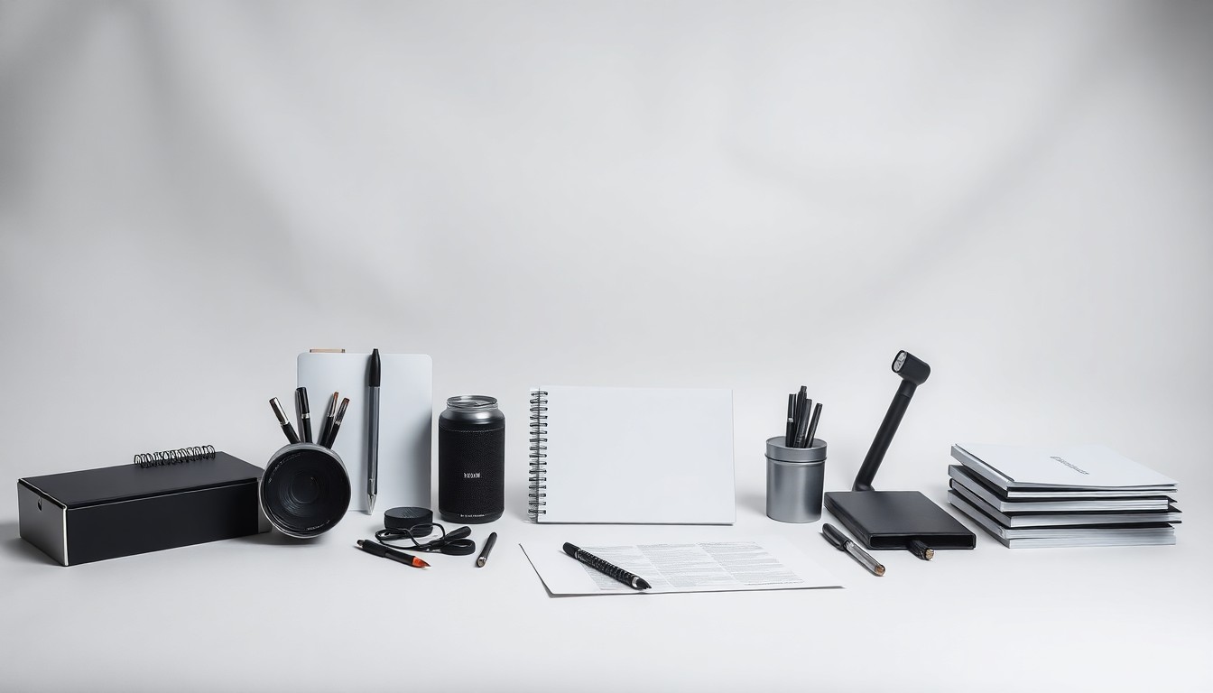 A photorealistic studio still life featuring a collection of premium office supplies and equipment arranged elegantly on a clean, monochromatic background, conveying a sense of tension and uncertainty around the financial implications of Vermont's failed return-to-office policy.