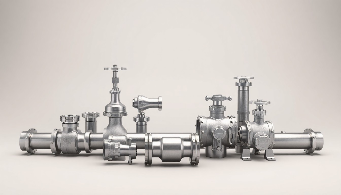 A photorealistic studio still life featuring a series of polished metal pipes, valves, and fittings arranged elegantly on a clean, monochromatic background, conceptually representing the potential risks and complexities of managing aging industrial infrastructure.