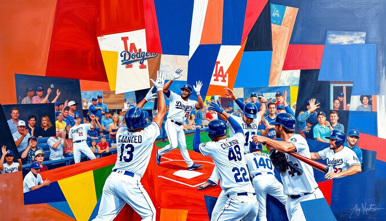 A cubist-style painting featuring fragmented, geometric shapes in Dodger blue, red, and white, capturing the dynamic motion and energy of a baseball game or home run celebration.