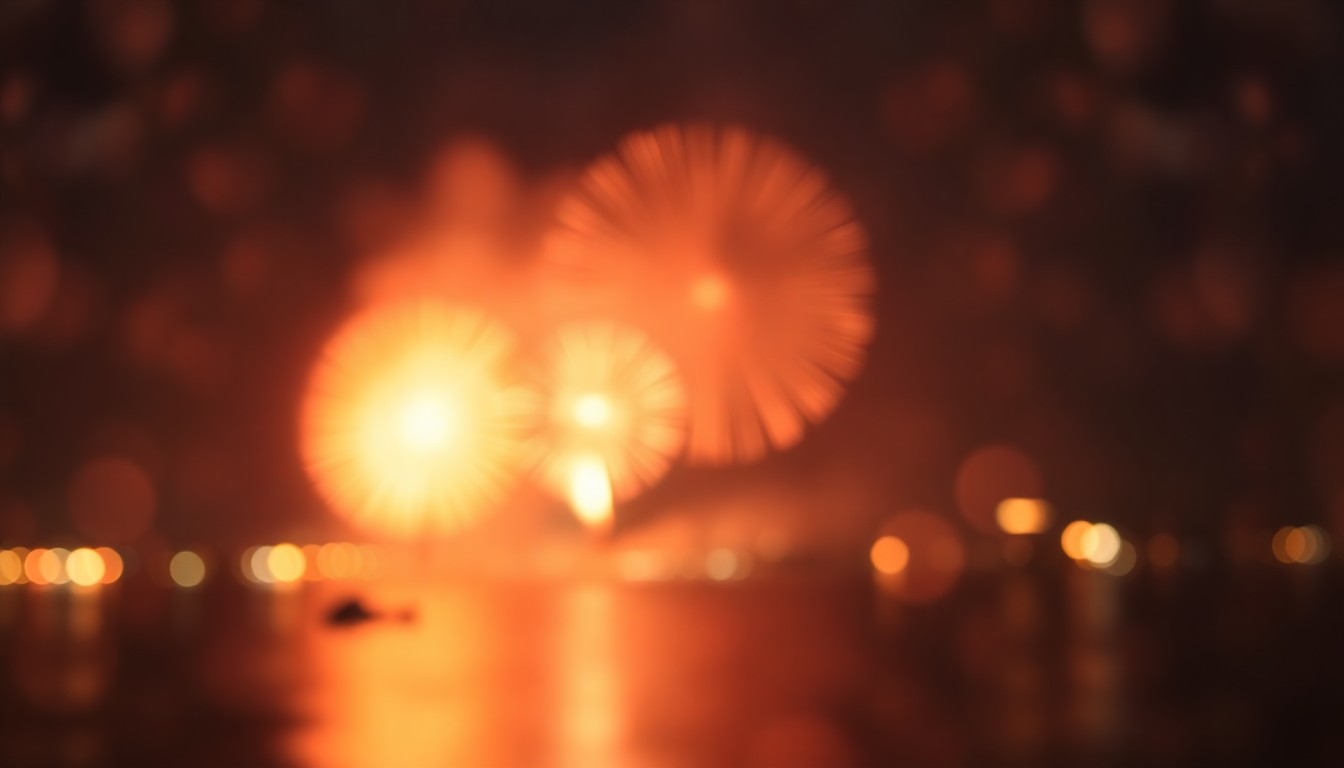 An abstract, impressionistic photograph of blurred, colorful lights and reflections, evoking the festive energy and celebratory atmosphere of a lakefront fireworks display.