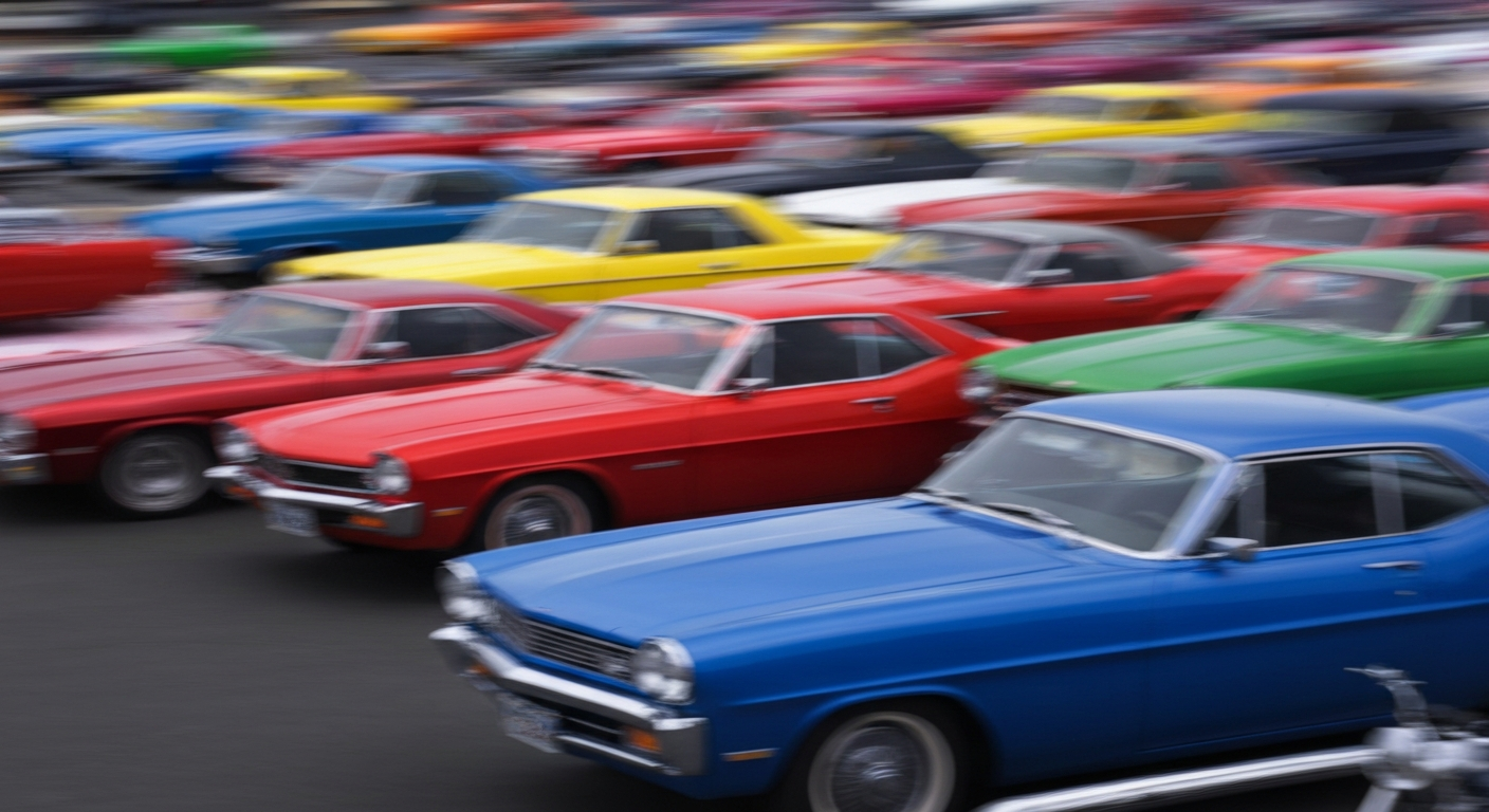 A blurred, abstract image of classic cars and motorcycles in a range of bright colors, capturing the high-energy and celebratory atmosphere of a community car show event.