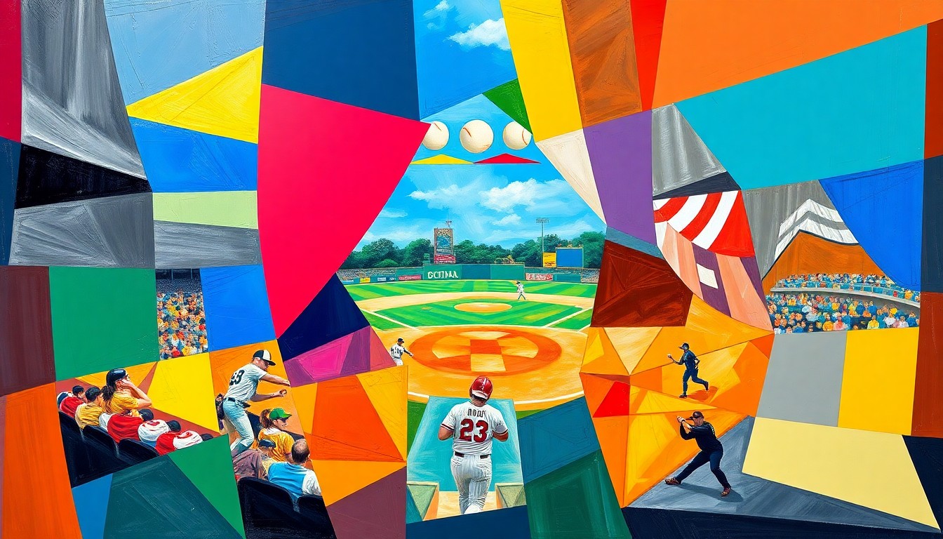 A cubist, geometric painting depicting a college softball game, with overlapping planes of color representing the official team colors of the top-ranked programs mentioned in the story.
