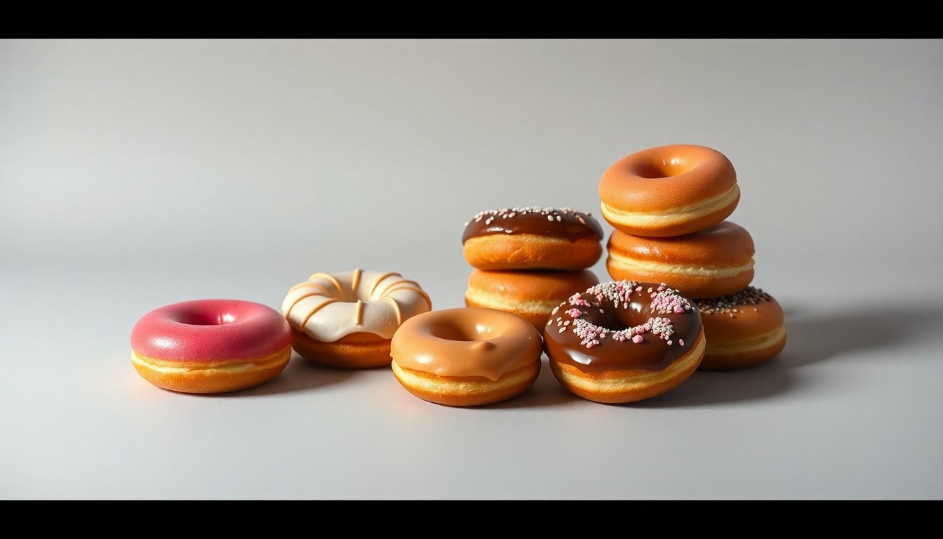 A minimalist studio still life photograph featuring a selection of freshly baked donuts in various flavors, arranged elegantly on a smooth, monochromatic background to conceptually represent the artisanal quality and craftsmanship of The Rolling Donut's products.
