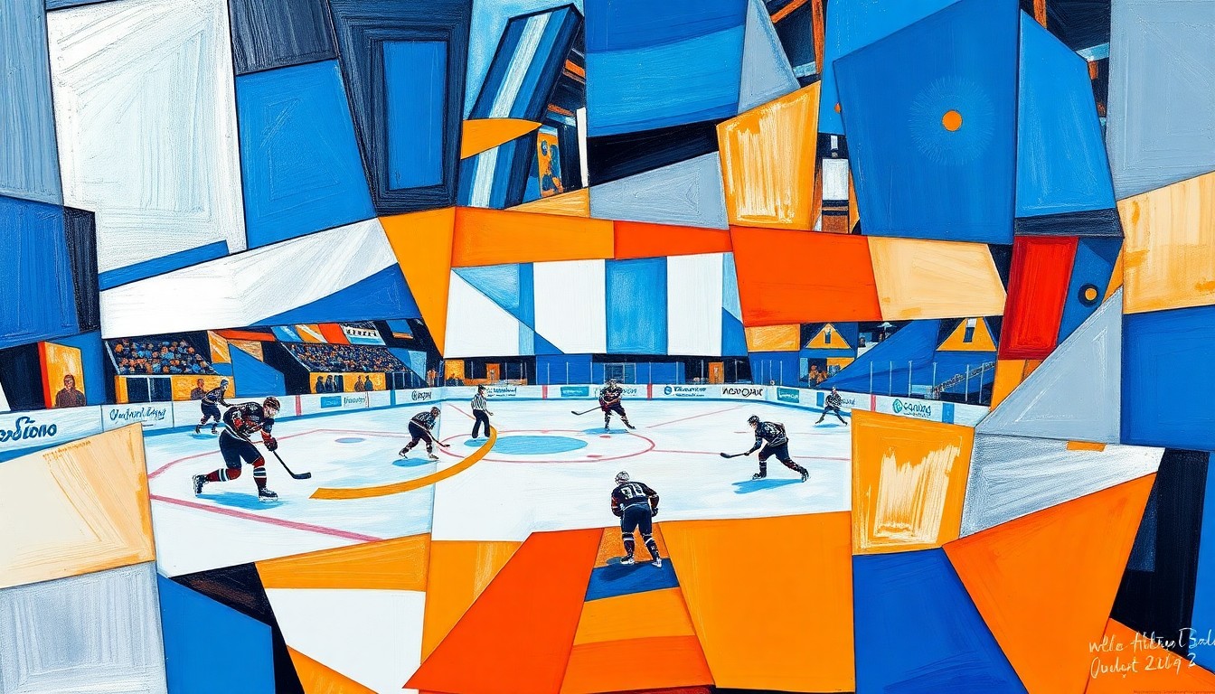 A fractured, multi-perspective painting depicting a hockey game, with sharp, overlapping geometric planes in vibrant colors like royal blue, fiery orange, and metallic silver, conceptually representing the Mammoth's resilient and determined play during their playoff push.