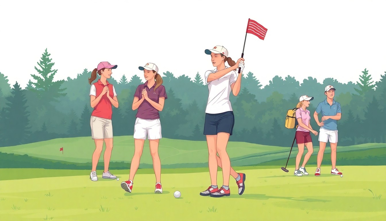 A serene landscape illustration featuring rolling hills, a winding fairway, and a group of golfers walking together, capturing the essence of a collegiate golf tournament and the teamwork that defines the sport.