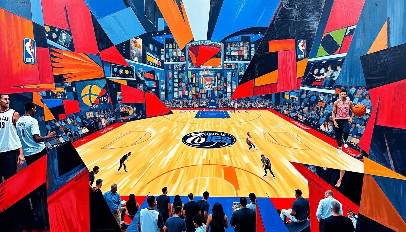 A cubist, geometric painting depicting a basketball game between the Philadelphia 76ers and Orlando Magic, with the players and court broken down into sharp, overlapping planes of color.