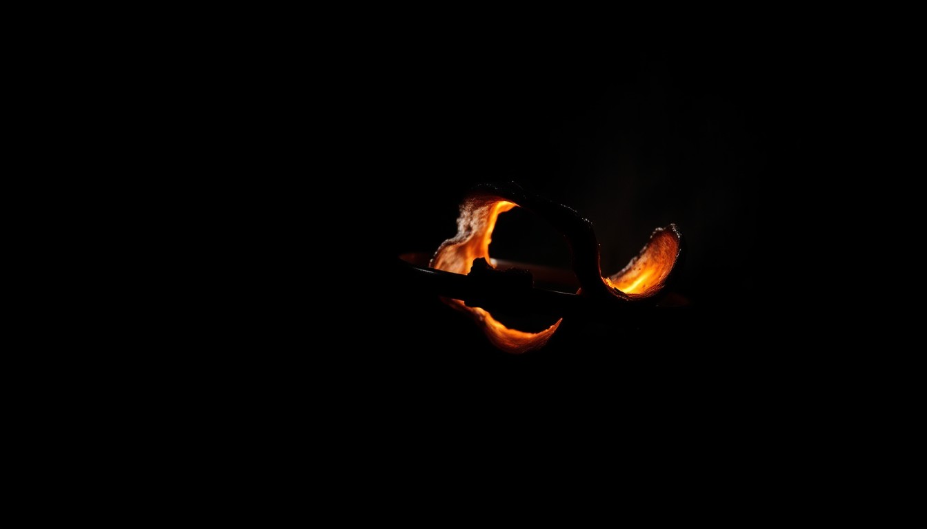 An extreme close-up photograph of a charred and twisted piece of metal from the apartment fire, lit by a harsh, direct camera flash against a pitch-black background, conveying the stark, gritty, and investigative nature of the incident.