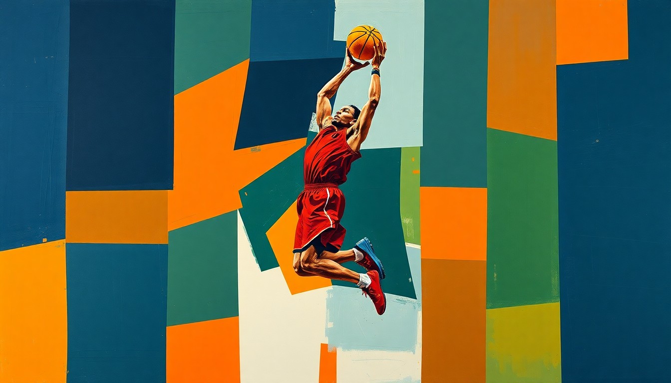 A fractured, cubist-style painting depicting a basketball player in mid-jump shot, with their body and movement broken down into sharp, overlapping geometric shapes and planes in a color palette of navy, orange, and green.
