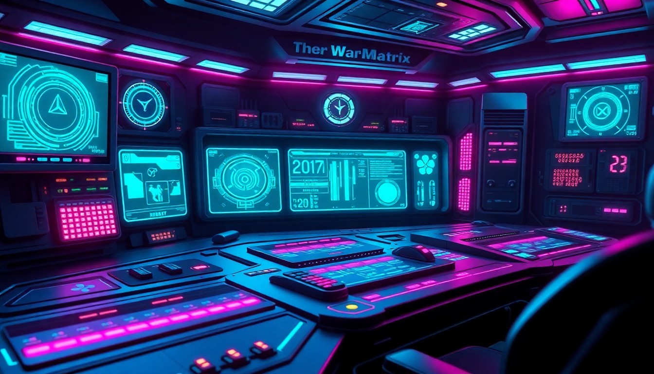 A highly detailed, glowing 3D macro illustration of a futuristic military command console or control interface, with neon cyan and magenta lights illuminating the various components and displays, conceptually representing the advanced capabilities of the WarMatrix system.