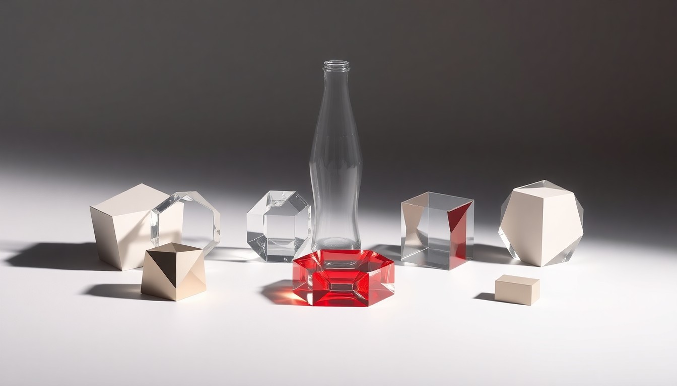 A high-end, photorealistic studio still-life photograph featuring a group of polished, geometric objects in shades of gray and silver arranged elegantly on a clean, white seamless background, conceptually representing the strategic property deal between Georgia Tech and Coca-Cola.
