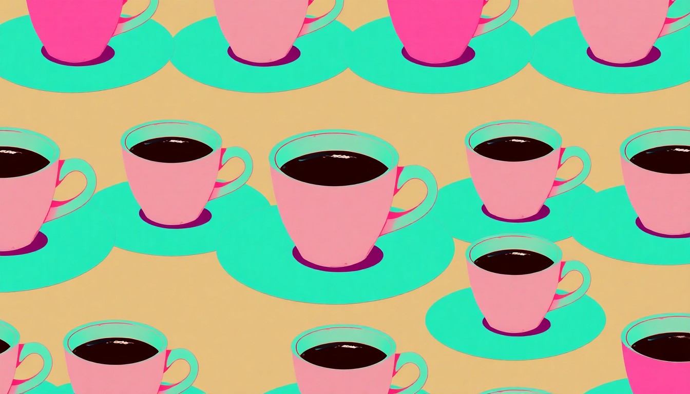 A vibrant, silkscreen-style illustration featuring a repeated pattern of a single, iconic restaurant object such as a coffee cup or plate, rendered in a bold, neon color palette with heavy black outlines, conceptually representing the varied experiences of the Kennesaw dining scene.