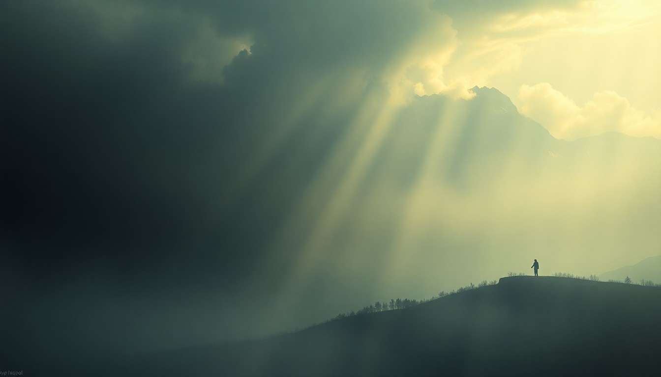 A vast, atmospheric landscape painting in muted tones of grey, blue, and green, with a lone, indistinct structure barely visible in the distance, obscured by heavy fog and dramatic lighting, conveying a sense of melancholy and the overwhelming power of nature.