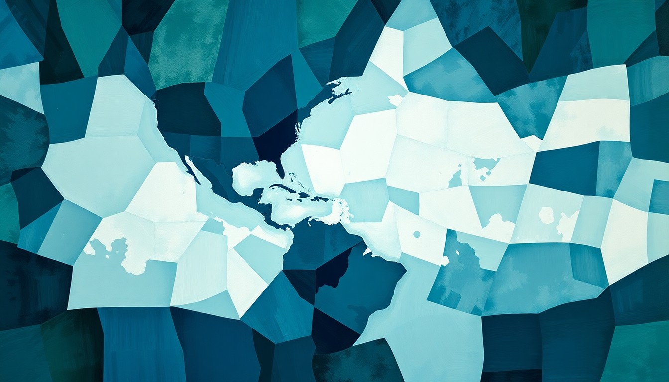 A conceptual, abstract painting in a fractured, geometric style depicting a stylized map of the Americas with blurred, overlapping borders, conveying a sense of fragmentation and disruption of the region's geopolitical landscape.