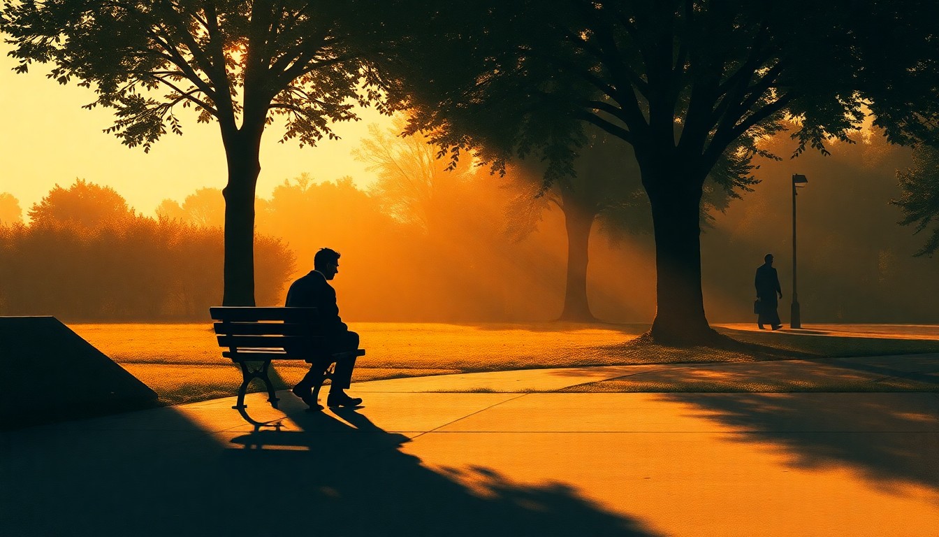A cinematic painting of a lone figure sitting on a park bench, their face obscured in shadow, surrounded by warm sunlight and deep shadows, conveying a sense of solitude and introspection.