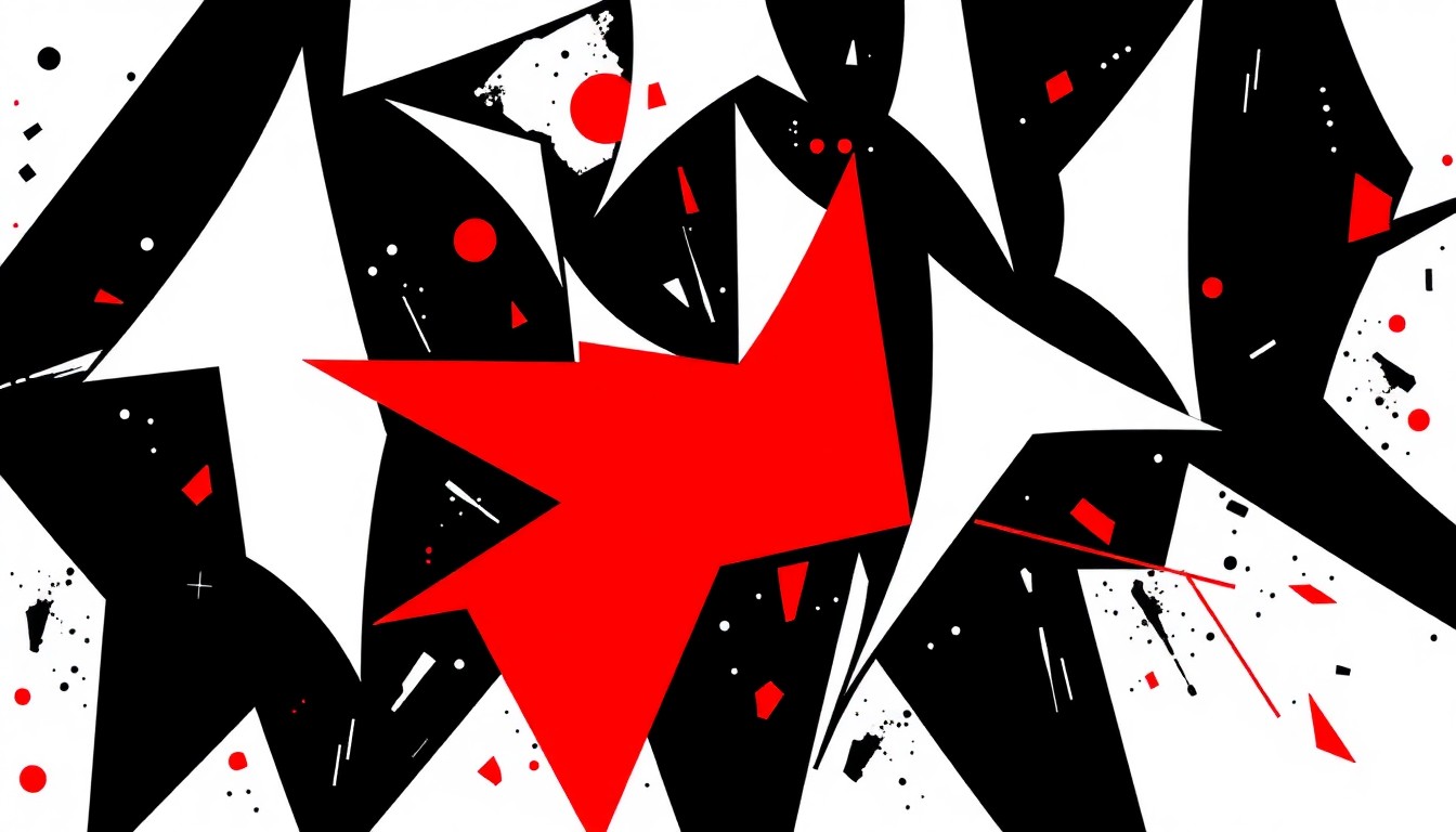 An abstract, minimalist composition of sharp, angular shapes in black, white, and red, conveying the diverse artistic mediums and bold experimentation of the student art exhibition.