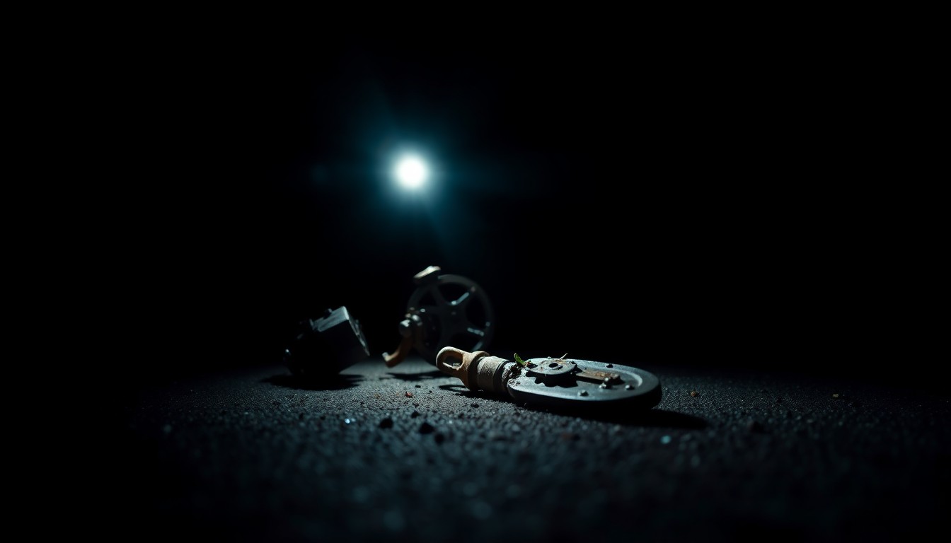 An extreme close-up photograph of a damaged motorcycle part, such as a twisted handlebar or shattered mirror, lit by a harsh, direct camera flash against a pitch-black background, conveying the stark, gritty nature of the investigation into this tragic incident.