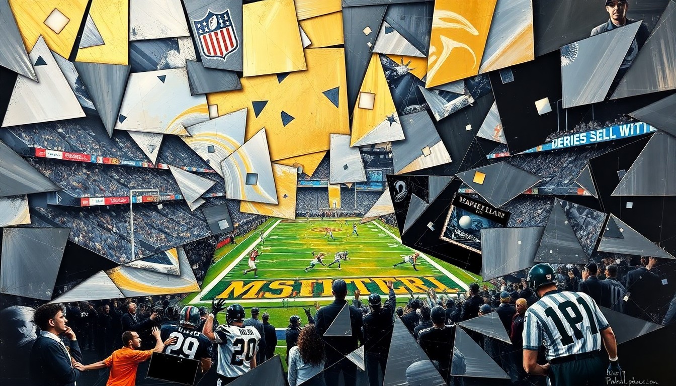 A cubist, geometric painting depicting fragmented football players and NFL team logos, conveying the complex and uncertain nature of the Raiders' quarterback situation heading into the draft.