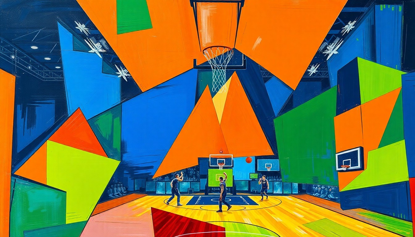 A fractured, cubist-style painting depicting the chaotic final moments of a high-stakes basketball game, with sharp geometric shapes in deep blue, bright orange, and electric green overlapping to create a sense of tension and unresolved conflict.