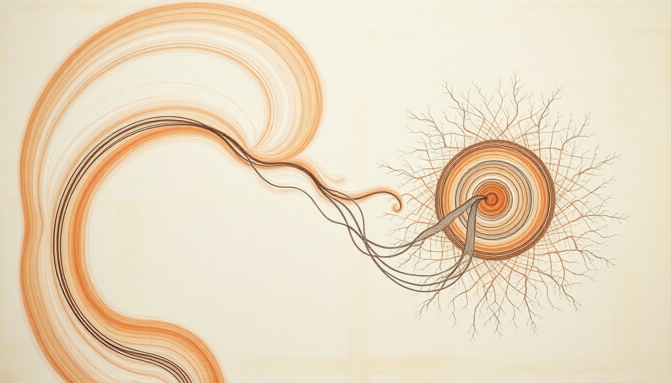 An abstract, highly structured painting in muted tones of green, brown, and blue, featuring sweeping geometric shapes, concentric cellular structures, and precise organic spirals, conveying the intricate order and early cell determination of the developing peripheral nervous system.