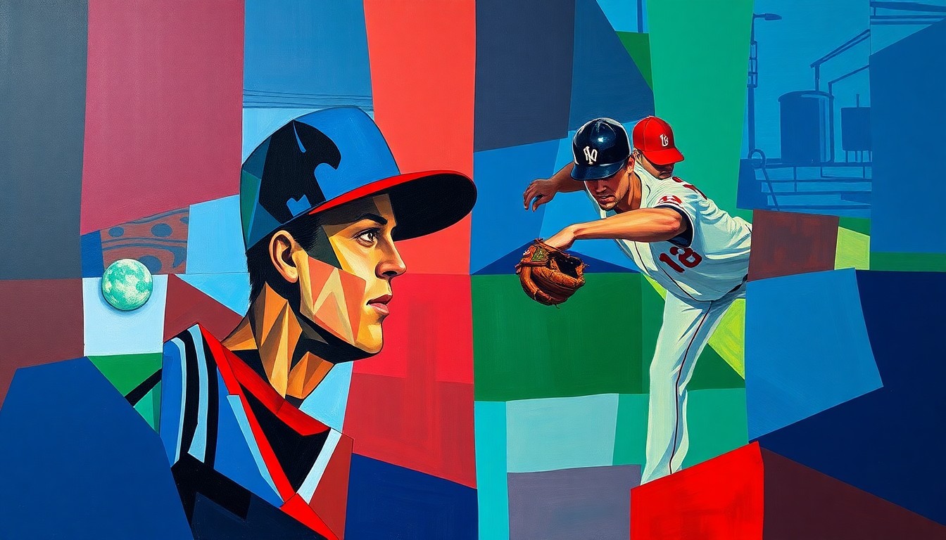 A fractured, multi-perspective painting in vibrant colors depicting the intense action and drama of a high-stakes pitchers' duel between two star MLB pitchers.