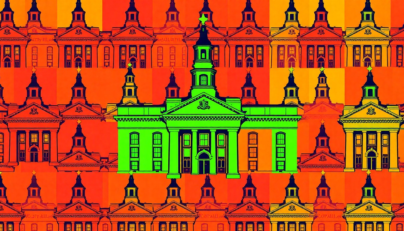 A high-contrast, brightly colored silkscreen print of a city hall building or municipal logo repeated in a grid pattern, capturing the vibrant energy and modern aesthetic of a youth-focused public service program.