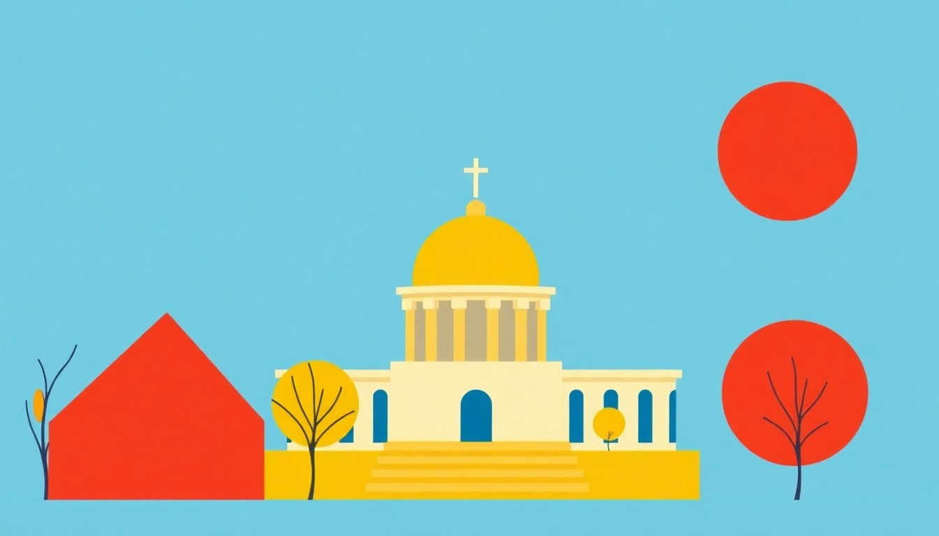 A geometric abstract illustration using bold shapes and primary colors to conceptually represent the financial and fiscal concepts discussed in the IMF's endorsement of Nigeria's bank recapitalization.