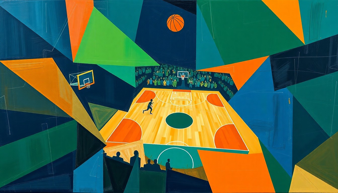 A fragmented, cubist-style painting depicting a basketball game, with players and the court broken down into sharp, overlapping geometric shapes in a palette of navy, green, and orange, conveying the challenges the Thunder face with their injured roster.