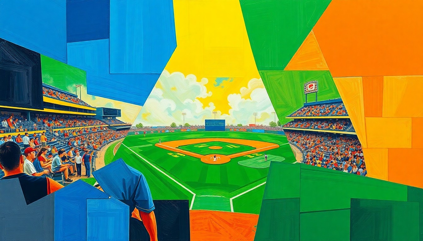 A fragmented, geometric painting depicting a high school baseball game, with sharp planes of color and overlapping perspectives capturing the dynamic energy of the sport.