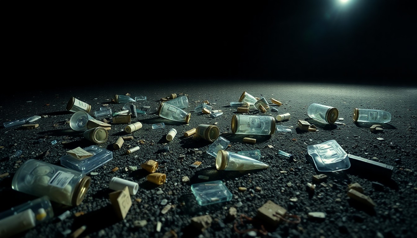 An extreme close-up photograph of discarded drug paraphernalia, broken glass, and other debris littering the ground of an abandoned lot, creating a stark, gritty, investigative aesthetic.