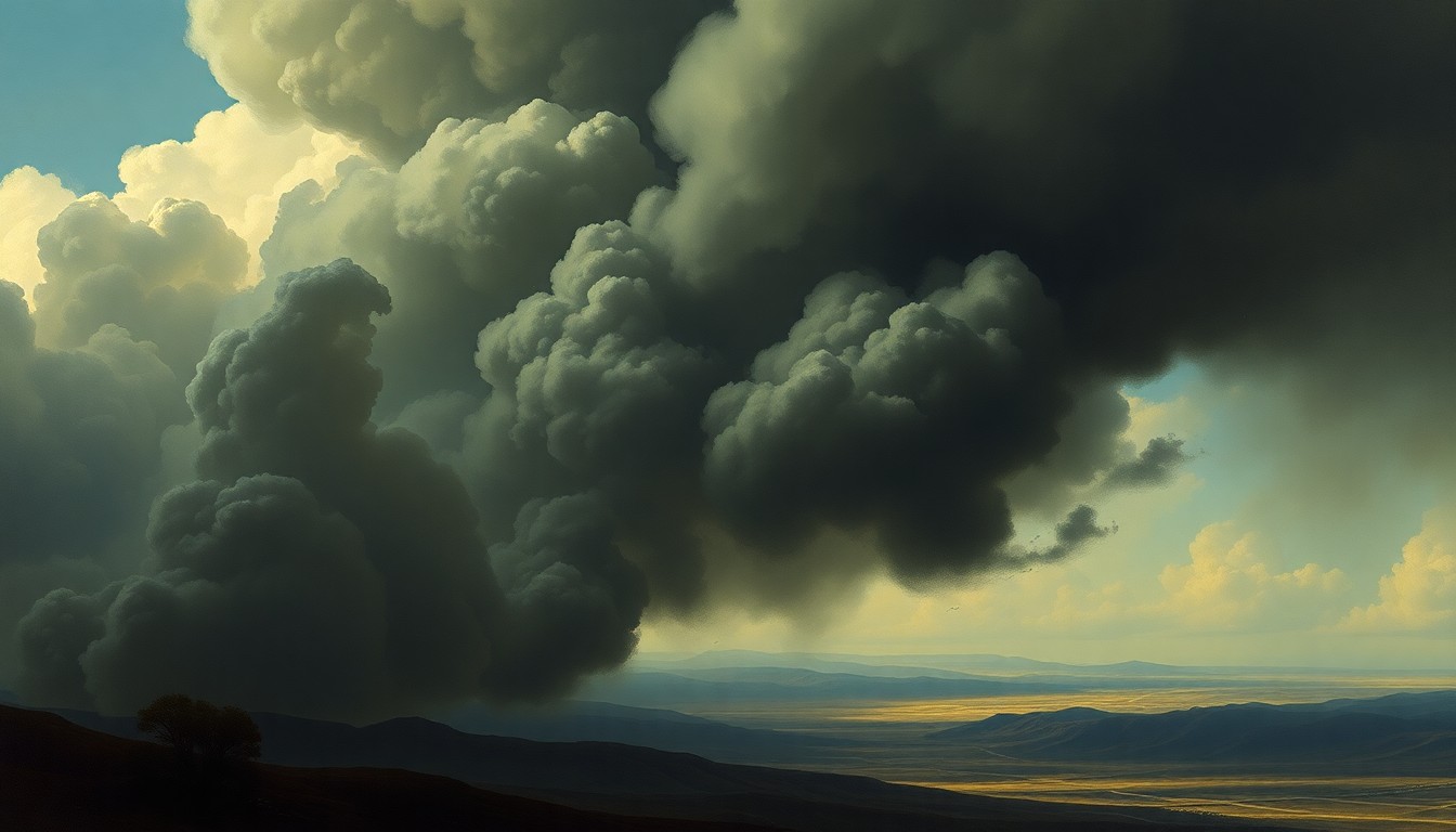 A sweeping, atmospheric landscape painting in muted tones of gray and brown, with a massive column of dark smoke billowing up from the distant horizon, obscuring the details of the terrain below and conveying a sense of the overwhelming power of the natural world.