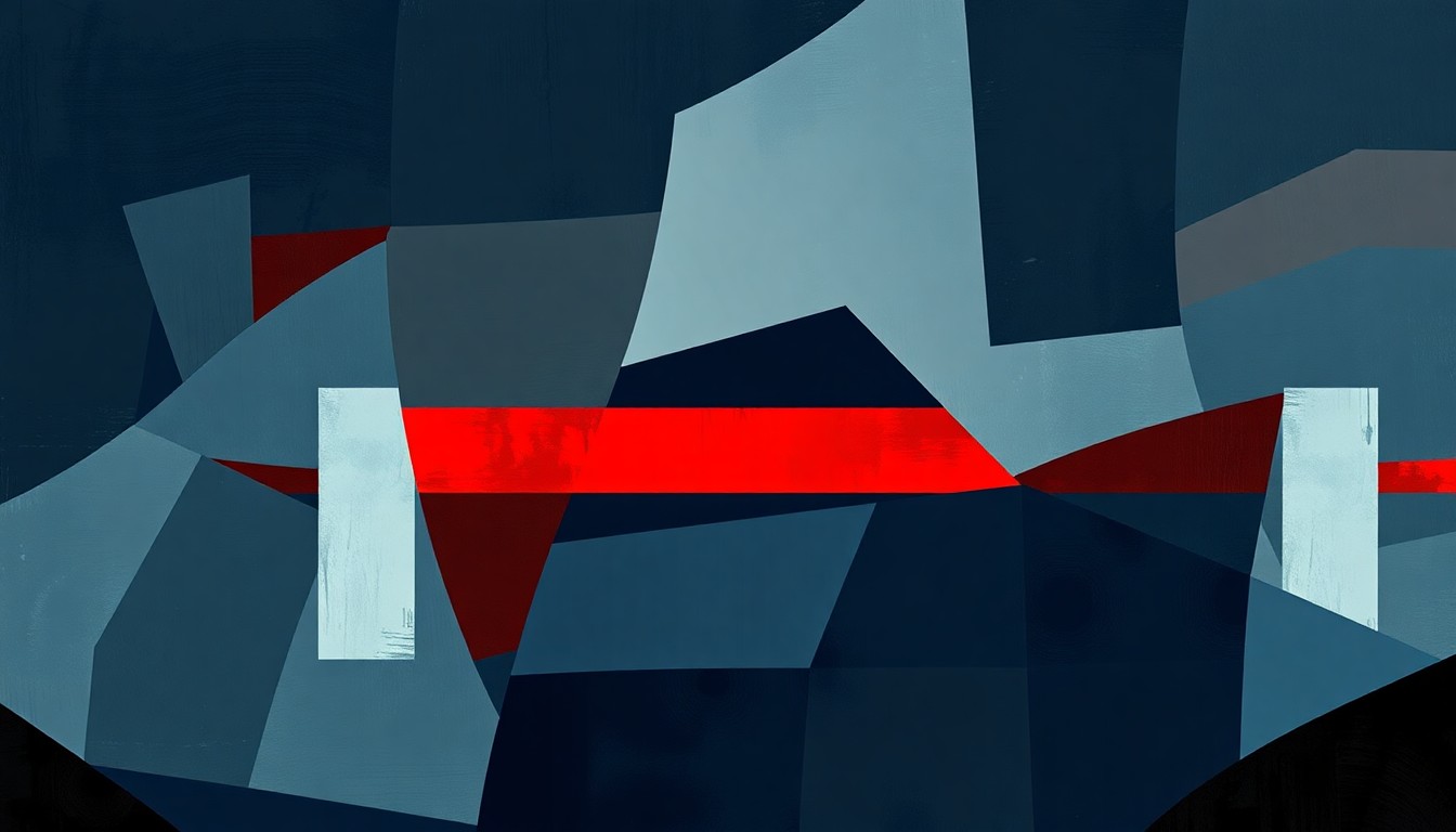 A dynamic, fractured painting of an abstract border security checkpoint, with overlapping geometric shapes and waves of dark blues, greys, and reds, conveying the tension and complexity of the political debate over immigration policy.