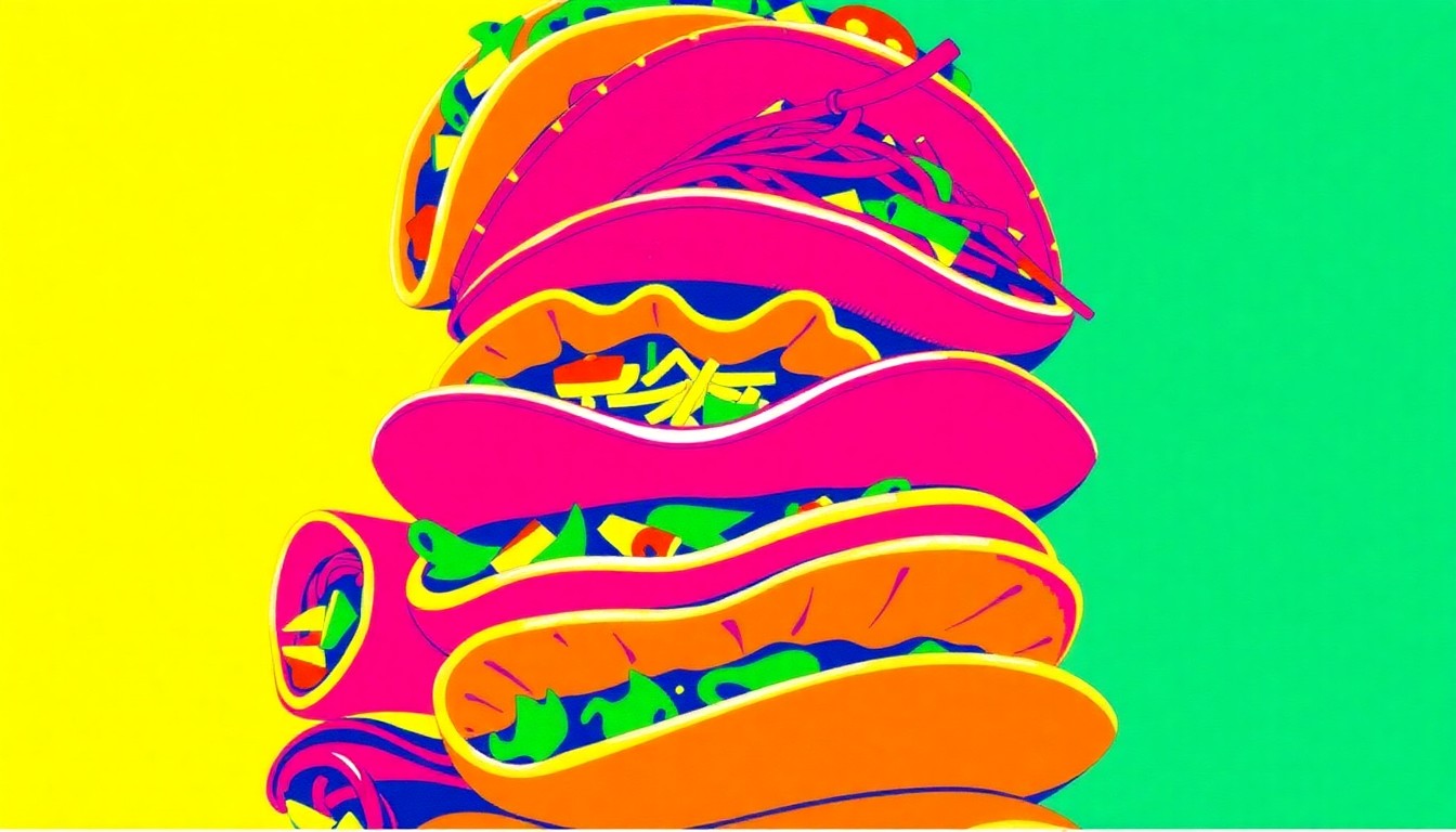 A bold, colorful silkscreen print featuring a repeating grid of stacked tacos in bright shades of red, green, and yellow, conceptually representing the diverse Mexican cuisine now available at the new Rio Viejo Cocina de México restaurant in downtown Worcester.