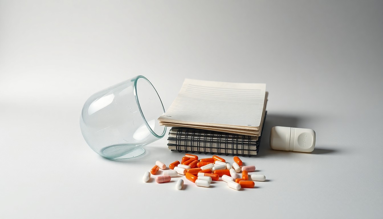 A photorealistic studio still life featuring a shattered glass beaker, a crumpled laboratory notebook, and scattered pill capsules, symbolizing the disruption and uncertainty facing the biotech industry.